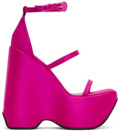 Viscose satin platform heeled sandals in pink. Signature Medusa hardware at adjustable pin-buckle ankle strap. · Square toe · Straps at vamp · Goatskin footbed · Covered wedge heel · Buffed calfskin outsole · Platform: H2.5 in · Heel: H6 in Supplier color: Cerise/Cerise Upscale Outfit, Versace Heels, Versace Sandals, Versace Pink, Catty Noir, Clothing Model, Rose Shoes, Versace Shoes, Platform Sandals Heels