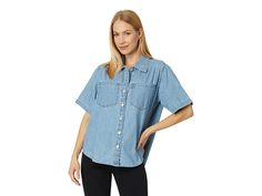 Levi's(r) Womens Caden Denim Shirt - Women's Clothing : Hey Friend : , Featuring a classic style and a loose fit, the Levi's Womens Caden Denim Shirt gives you a crisp look and premium comfort when layered over your favorite tee or worn alone. Denim construction. Spread collar and short sleeves. Buttoned front closure. Two front patch pockets. Pleated back yoke. Shirttail hem. 100% cotton. Machine washable. Imported. Measurements: Length: 26 in Sleeve Length: 10 in Product measurements were take Affordable Levi's Shirt With Pockets, Casual Washed Denim Short Sleeve Top, Casual Washed Denim Top With Short Sleeves, Casual Denim Blue Relaxed Fit Top, Casual Light Wash Denim Top, Casual Denim Blue Top With Relaxed Fit, Casual Dark Wash Denim Top, Light Indigo Relaxed Fit Shirt For Everyday, Trendy Relaxed Fit Denim Blue Tops