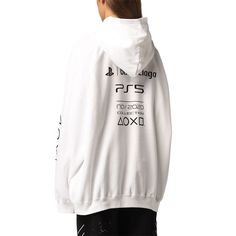 White sweatshirt with a drawcord-adjustable hood from Balenciaga x PS5. Crafted from cotton jersey, this hoodie features a black graphic print with the brand's logo, a kangaroo pocket and ribbed trims on the edges. Oversized fit. Unisex. Made in Portugal. Brand new with Tags. 100% Authenticity Guaranteed. White Balenciaga, Girl Backpacks School, Prada Designer, Logo A, Roger Vivier, Dress Watch, Sergio Rossi, Girl Backpacks, Cotton Hoodie