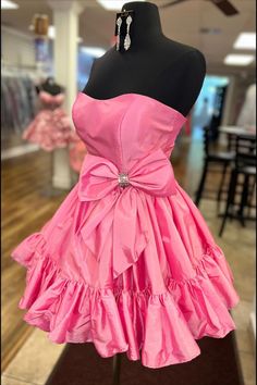 Straps Barbie Pink Ruffle Homecoming Dress with Bow Party Strapless Dress With Satin Bow, Strapless Sleeveless Prom Dress With Satin Bow, Strapless Sleeveless Dress With Satin Bow For Prom, Strapless Prom Dress With Satin Bow, Strapless Dress With Satin Bow For Prom, Satin Strapless Dress With Ruffles For Prom, Pink Strapless Dress With Pleated Bodice For Party, Pink Strapless Dress With Ruched Bodice For Prom, Pink Taffeta Party Dress