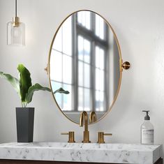 a bathroom vanity with a round mirror above it and a potted plant on the counter