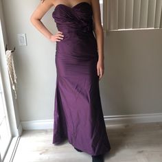 Beautiful Purple Long Evening Gown. Perfect For A Wedding Or Any Other Event! Comes With Straps. Never Worn. Originally $255! Formal Full-length Evening Dress With Ruched Bodice, Silk Ball Gown For Prom Season, Formal Silk Ball Gown For Prom Season, Formal Full-length Gown With Ruched Bodice, Fitted Floor-length Purple Wedding Dress, Wedding Evening Dress With Pleated Bodice, Wedding Gown With Ruched Bodice For Prom Season, Ruched Bodice Gown For Wedding And Prom Season, Purple Bridesmaid Ball Gown