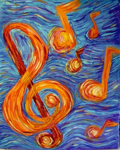 an acrylic painting of music notes and trebles in the water with blue background