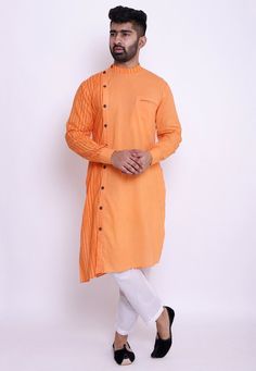 Readymade Cotton Asymmetric Kurta in Orange. This Collar Neck and Full Sleeve attire is Prettified with Wooden Buttons and Stripe Print and has Two Side and One Welt Pocket. Do note: Bottom and Footwear shown in the image is for presentation purposes only. Half to one inch may vary in measurement. (Slight variation in actual color vs. image is possible). We sell all kinds of menswear. Mens Kurta | Mens Kurta Pajama | Mens Sherwani | Mens Sherwani Sets | Traditional Menswear | Partywear Menswear Orange Long Sleeve Kurta For Spring, Spring Orange Cotton Kurta, Casual Orange Kurta For Summer, Orange Cotton Long Sleeve Kurta, Long Sleeve Orange Kurta For Summer, Orange Long Sleeve Kurta For Summer, Long Sleeve Orange Cotton Kurta, Casual Fitted Kurta For Fall, Summer Long Sleeve Orange Kurta