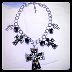 Silver And Black Cross Charms Necklace With Rhinestone Accents. Used Twice In Brand New Condition. Silver Metal Jewelry With Black Beads, Silver Cross Jewelry With Black Beads, Black Metal Rhinestone Necklace For Party, Party Black Rhinestone Metal Necklace, Black Metal Jewelry With Silver Chain, Black Bling Jewelry For Gifts, Black Bling Necklaces For Party, Black Jewelry With Rhinestones As A Gift, Black Metal Rhinestone Necklace Gift