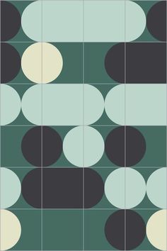 an abstract pattern with black and white circles on a green background in shades of gray, beige, and blue