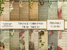 an assortment of vintage christmas music sheets with angels and cherubs in the background