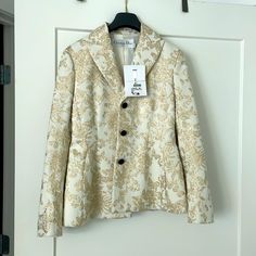 Brand New Jacket, Never Worn. I Received It As A Christmas Present From My Ex-Boyfriend. White Technical Jacquard With Gold Tone All Over Butterfly Motif Designer Cream Blazer For Spring, Designer White Blazer For Spring, White Designer Blazer For Spring, Designer White Spring Blazer, Designer White Evening Blazer, Elegant Single Breasted Jacquard Outerwear, Luxury Jacquard Evening Blazer, Luxury Fitted Jacquard Outerwear, Dior Jacket