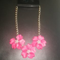 This Is A Costume Gold Link Necklace With Three Pink Flowers! Each Flower Has Small Clear Beads! Feminine Pink Jewelry With Adjustable Chain, Pink Jewelry With Adjustable Chain For Parties, Feminine Pink Necklace With Adjustable Chain, Elegant Pink Jewelry With Chain, Elegant Pink Jewelry With Chain Detail, Pink Beaded Chain Necklace As Gift, Pink Chain Necklaces For Gifts, Elegant Pink Chain Necklaces, Feminine Pink Flower-shaped Jewelry