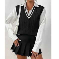 Super Cute And Stylish Ships In 5-10 Business Days Chic Black Sweater Vest For Fall, Spring Black Cable Knit Sweater, Black Knitted Sweater Vest For Layering, Chic Black Sweater Vest For Winter, Elegant Black V-neck Sweater Vest, Trendy Black Sweater Vest For Fall, Elegant Black Sweater Vest For Fall, Elegant Black Knit Sweater Vest, Classic Black Sweater Vest For Spring