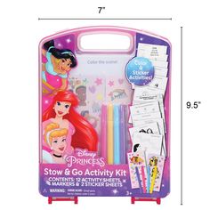 the disney princess story and go activity kit is shown with markers, pencils and stickers