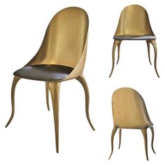 three chairs with different shapes and sizes, one in gold and the other in black