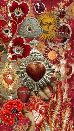 an artistic painting with many different items on the subject, such as hearts and sunbursts