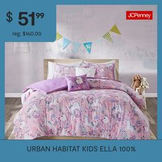 a bed with purple sheets and pillows in front of a blue background that says urban habitat kids ella 100 % off