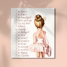 Welcome to Alexa's WallArtWorld! Personalized Name Ballerina Canvas Wall Art, Daily Affirmation Wall Art, Blush Pink Ballerina Nursery Decor, Soft Watercolor Ballet Decor Uplift any room's decor with art that's printed on top-quality canvas gallery wraps.  Each wrap is made with finely textured, artist-grade cotton substrate which consistently reproduces your image in outstanding clarity and detail.  Available in multiple sizes. .: 100% cotton fabric (400gsm) .: Depth canvas (1.25″) .: Closed MD Ballerina Nursery Decor, Ballerina Bedroom, Ballerina Room, Ballet Decor, Ballerina Nursery, Affirmation Wall Art, Toddler Bedroom Girl, Affirmation Wall, Ballerina Doll