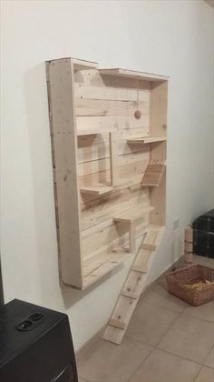 a wooden shelf sitting on top of a tiled floor