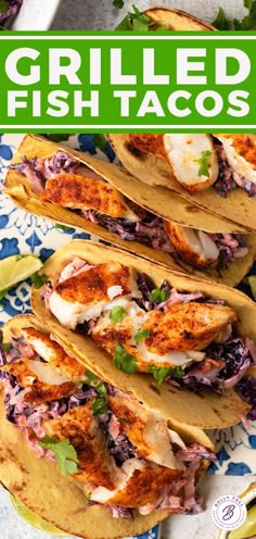 grilled fish tacos on a plate with limes and cilantro in the background