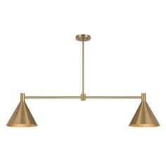 an overhead light fixture with two brass shades