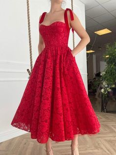 A Line Red Lace Tea Length Prom Dresses with Pocket, Red Lace Formal Evening Dresses Tea Length Dresses Formal, Christmas Dress Classy, Navy Ball, Tea Length Prom Dress, Red Evening Gown, Red Lace Prom Dress, Concert Dresses, Dopamine Dressing, Christmas Dresses