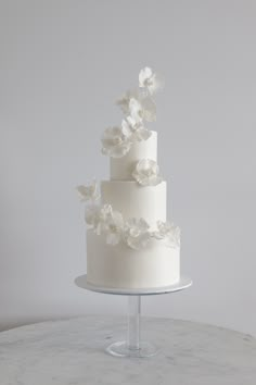 a three tiered cake with white flowers on top