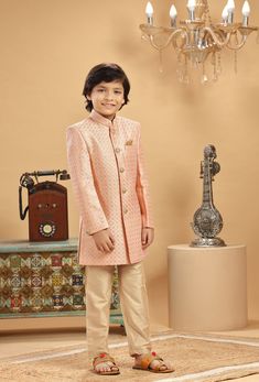 **Specifications : Please visit our brand store for more collection. StitcheryUK.etsy.com  If you need Father and Son same outfits we can make by customised for that kindly message me. Top Details Color- Peach, Fabric - Soft Blended Embroidered Fabric Bottom Details Color- Gold, Fabric - Blended Slik , Style - Elastic Pant Package Include :INCLUDES 1 SHERWANI AND 1 PANT. Turban ,Mojari And Other Accessories Are Not Sold Along With The Dress. CARE: DRY CLEAN ONLY *Additional Information : - As Th Peach Traditional Wear For Eid With Self Design, Long Sleeve Peach Sets For Eid, Peach Long Sleeve Sets With Zari Work, Festive Peach Long Sleeve Sets, Peach Festive Sets For Eid, Festive Peach Sets For Eid, Traditional Peach Sets For Eid, Orange Sherwani With Zari Work For Diwali, Pink Bandhgala For Ceremonial Eid