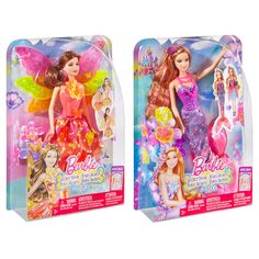 two barbie dolls are shown side by side in their packaging boxes, one is pink and the other is green