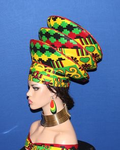 Zulu Hat - Three Tier Crown- Juneteenth Regalia/Festival, Kwanzaa, traditional wedding celebration made from wax cotton fabric - Height 14"  - 3 tier crown Zulu hat - Diameter of the crown 13" - Stretchable on back to fits 22.5"-24" head size Traditional Fitted Costume Hats And Headpieces, Traditional High Crown Costume Hat For Wedding, Traditional High Crown Costume Hats For Festivals, Traditional Fitted Headpiece For Festivals, Traditional Multicolor Headpieces For Wedding, Traditional Adjustable Costume Hats For Festivals, Traditional Multicolor Wedding Headpieces, Zulu Hats For Women, Traditional Multicolor Headwrap For Festivals