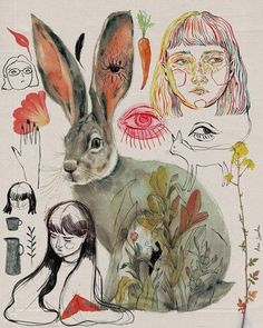 a drawing of a rabbit surrounded by other people and flowers, with one woman's face in the background