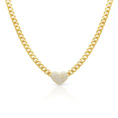 14KT Yellow Gold Diamond Princess Heart Chain Link Necklace Diamond Princess, Fine Ring, Heart Chain, Puffy Heart, Princess Diamond, Chain Link Necklace, Link Necklace, Chain Lengths, Chain Length