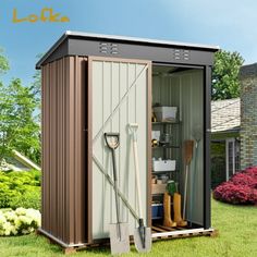 a garden shed with the door open and gardening tools in it's storage compartment