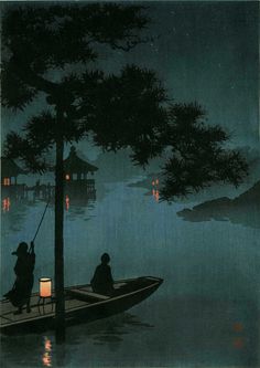 two people on a boat in the water at night, with lanterns lit up behind them