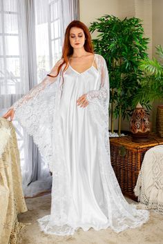 White Lace Robe, Lace Kaftan, Couture Techniques, Lingerie Satin, Bridal Nightgown, Wedding Night Lingerie, Lace Bridal Robe, Satin Sleepwear, Satin Lingerie