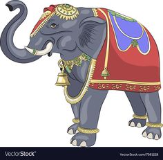 an elephant with a bell in its trunk is wearing a red and gold costume on it's head