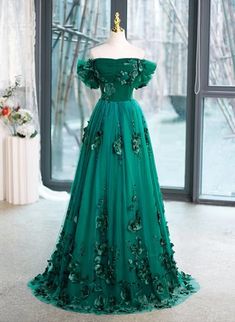 Beautiful Green Off Shoulder Party Dress with Flowers, Green Sweet 16 – BeautyDressy Green Sweetheart Neckline Ball Gown For Banquet, Green Ball Gown With Sweetheart Neckline For Banquet, Green Sweetheart Neckline Ball Gown For Party, Green Tulle Ball Gown For Banquets, Green Tulle Ball Gown For Banquet, Green A-line Wedding Dress, Green A-line Gown With Fitted Bodice, Green A-line Prom Season Dress, Green Tulle Dress With Sweetheart Neckline