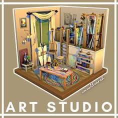 an art studio is shown with furniture and decor