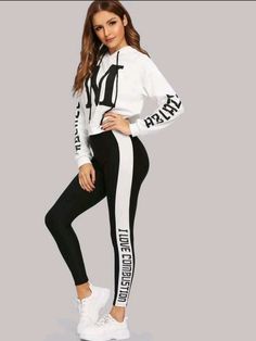 Quantity : 2pcs Colour: black and white  Style: sporty Pattern type: letter Details: Drawstring  Bottom type: leggings  100% polyester Winter Athleisure Tracksuit With Graphic Print, Graphic Print Athleisure Tracksuit, White Tracksuit For Workout, White Workout Tracksuit, White Tracksuit For Workout Sportswear, White Sportswear Tracksuit For Workout, White Athleisure Tracksuit For Workout, Sporty White Tracksuit For Gym, White Winter Gym Tracksuit