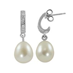 Prepare for compliments when you wear these freshwater cultured pearl J-hoop earrings. Comes inÂ a gift box.Earring Details: Length: .9-in. Backings: post Metal: rhodium-plated sterling silver Features: milgrain detailsCultured Pearl Details: Type: freshwater Shape: drop Size: 8-8.5-mm Color: whiteDiamond Details: Carat total weight: less than 1/10 Cut: round Setting: prongImage(s) may be enlarged to show detail.Diamond weights are approximate. Diamond total weights may vary between .01 and Formal Silver Hoop Earrings With Pearl Charm, Classic Hoop Earrings With Pearl Charm For Formal Events, Classic Pearl Hoop Earrings For Anniversary, Classic Formal Hoop Earrings With Pearl Charm, Classic Pearl Charm Hoop Earrings For Formal Occasions, Formal Pearl Drop Hoop Earrings, Classic Anniversary Pearl Earrings With Ear Wire, Classic Hoop Pearl Earrings In Sterling Silver, Classic Sterling Silver Hoop Pearl Earrings