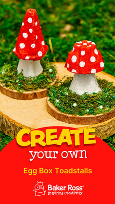 two red and white mushrooms sitting on top of a wooden board with moss growing out of them