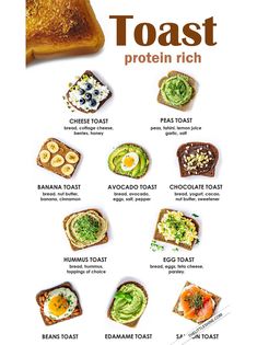 toast with different toppings on it and the words toast protein rich written in english