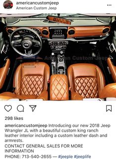 the interior of a car is shown in this ad for american customs, which features leather seats