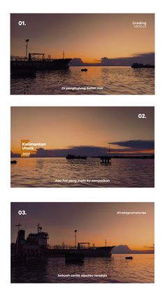 three different views of the ocean at sunset or sunrise, with text below it that reads