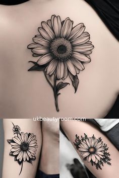 the back of a woman's shoulder with sunflower tattoos on it