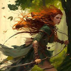 a woman with long red hair holding a bow and arrow in her hands while walking through the woods