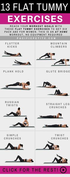 a woman is doing exercises on her stomach with the words, 13 flat tummy exercises