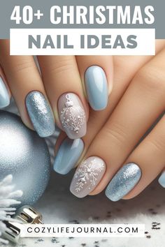 Blue Sparkly Christmas Nails, Silver And Red Nails Ideas, Winter Themed Nail Art, Nail Art Xmas Ideas, Christmas Gel Nails French Tip, Simple Nail Designs For Christmas, Turquoise Winter Nails, Christmas Nail Designs Blue And Silver, Christmas Ornament Nail Designs