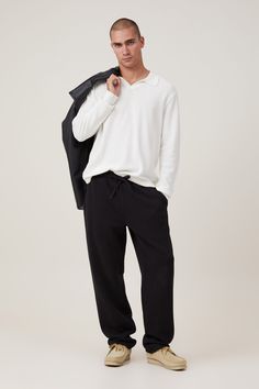 RELAXED TRACK PANT Casual Dress Pants With Straight Hem For Fall, Casual Dress Pants With Relaxed Fit And Straight Hem, Elevated Casual Black Pants For Fall, Black Pants For Elevated Casual Fall Occasion, Casual Relaxed Fit Dress Pants For Business Casual, Pants Details, Track Pant, Model Ships, Cotton On