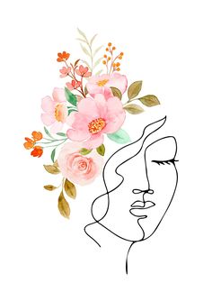 a drawing of a woman's face with flowers on her head