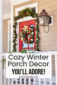 a red front door decorated with christmas wreaths and greenery for the holiday season