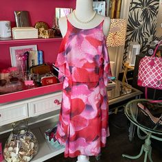 Nwt Made Of Polyester Fully Lined Pink Floral Print Kaftan For Beach Cover-up, Pink V-neck Dress With Abstract Print, Vibrant Print V-neck Cotton Dress, Multicolor Print V-neck Maxi Dress For Beach Cover-up, Multicolor Floral Print Maxi Cover-up, Floral Midi Dress, Pink Purple, Midi Dress, Womens Dresses