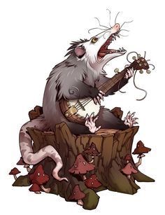 a rat playing the guitar on top of a stump with mushrooms around it and other creatures surrounding